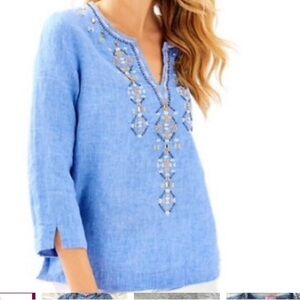 Lilly Pulitzer Amelia Island Tunic Bennet Blue 100% linen embroidered beaded S